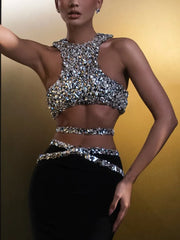 Sexy Beading Black Tank Maxi Long Two Pieces