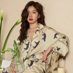 Leopard Print Bat Sleeve Ice Silk Women's Pajamas