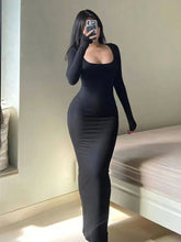 Long Dress Aderente Minimalista �Maniche Lunghe, Stile Casual Chic