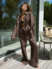 Casual Brown Cotton Linen Shirt Pants Suit