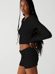 Black Two-Piece Knit Sweatsuit Shorts Set
