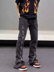 Streetwear Design con cerniera Lavato Nero Slim Jeans Pantaloni per uomo