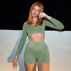 Solid Color Knitted Tight-fitting Slimming Square-neck Long-sleeved Crop Top