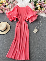 Round Neck Flare Short Sleeve Pleated Long Dress Vintage High Waist Ruffles