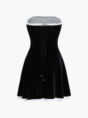 Velvet Ruffled Contrast Trim Pleated Tube Mini Dress