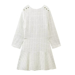Women's Autumn Winter Crew Neck Slim Fit Buttoned Decorative Texture Short Dress