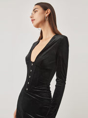 Velvet Corset Plunge Long Sleeve Midi Dress