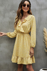 V Neck Floral Print Ruffled Mini Dress