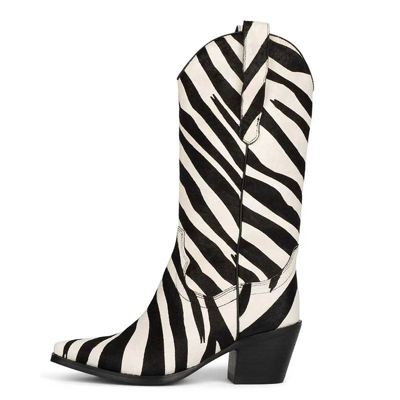 Knee-Length Elastic Rider Boots Round Heel Square Toe Western Boots