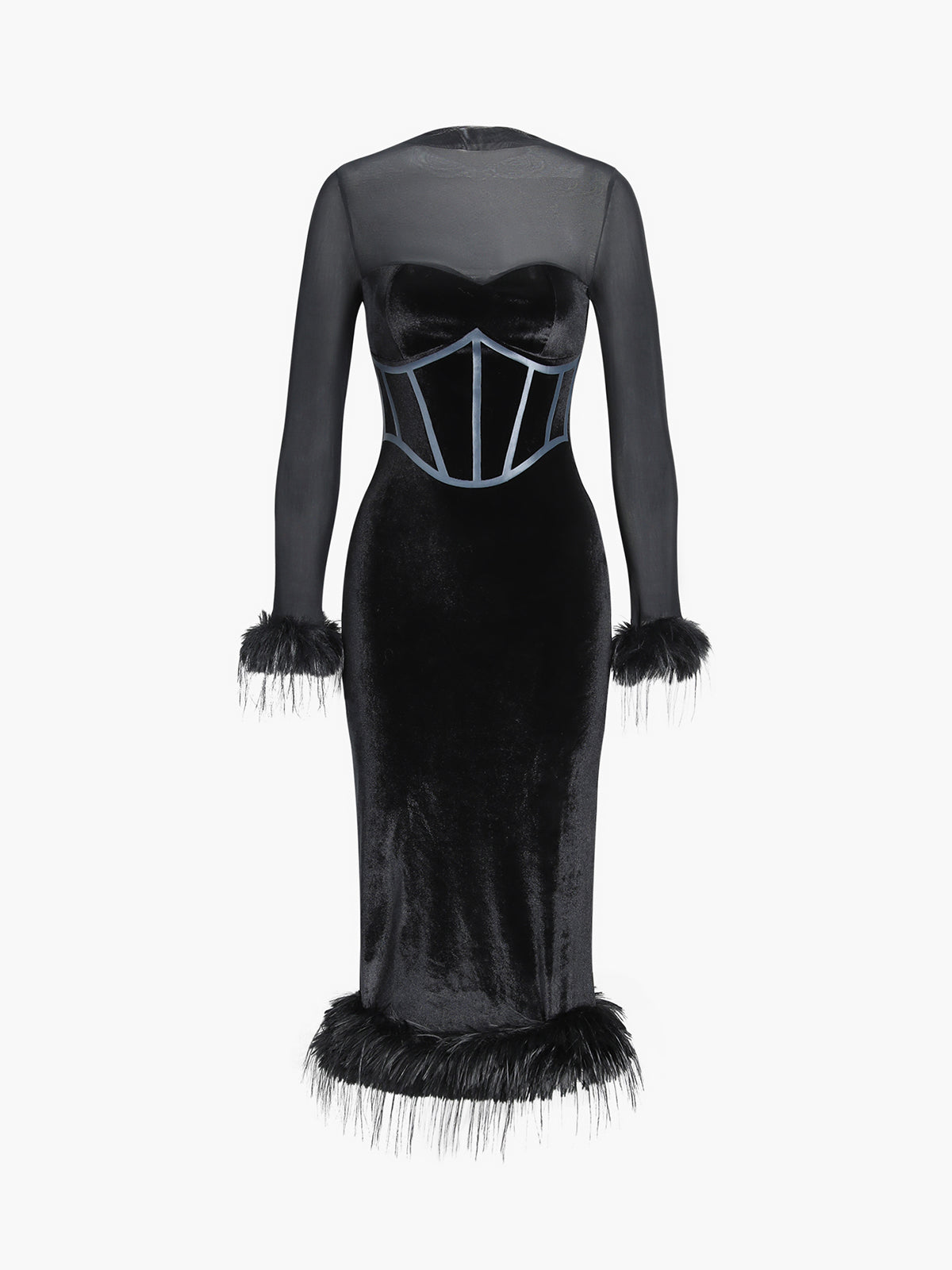 Velvet Feather Contrast Trim Corset Midi Dress