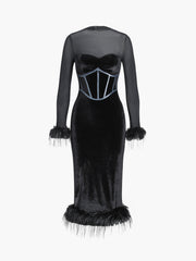 Velvet Feather Contrast Trim Corset Midi Dress