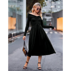 Women's Solid Color Long Sleeve V Neck Off Shoulder Dress with Pleating
