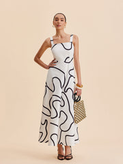 Abstract Line Print Square Strap Dress