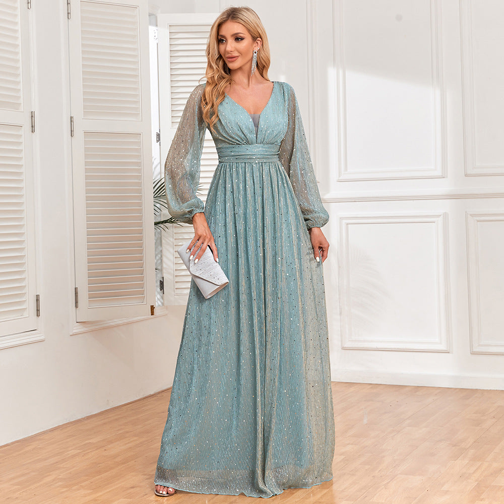 Women's Shiny Pleated Sheer Long Sleeve V-Neck Swing Dress â€?Elegant Evening Wear