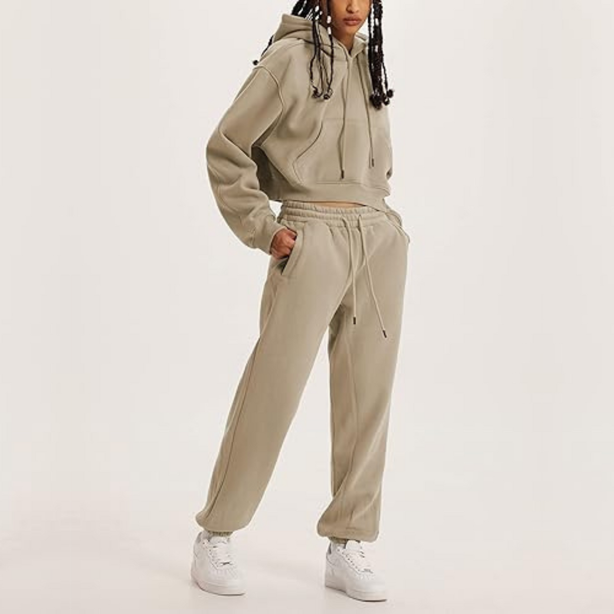 Beige Hoodie And Pants Matching Set