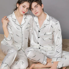 Elegant All-Over Text Print Satin Couple Pajamas