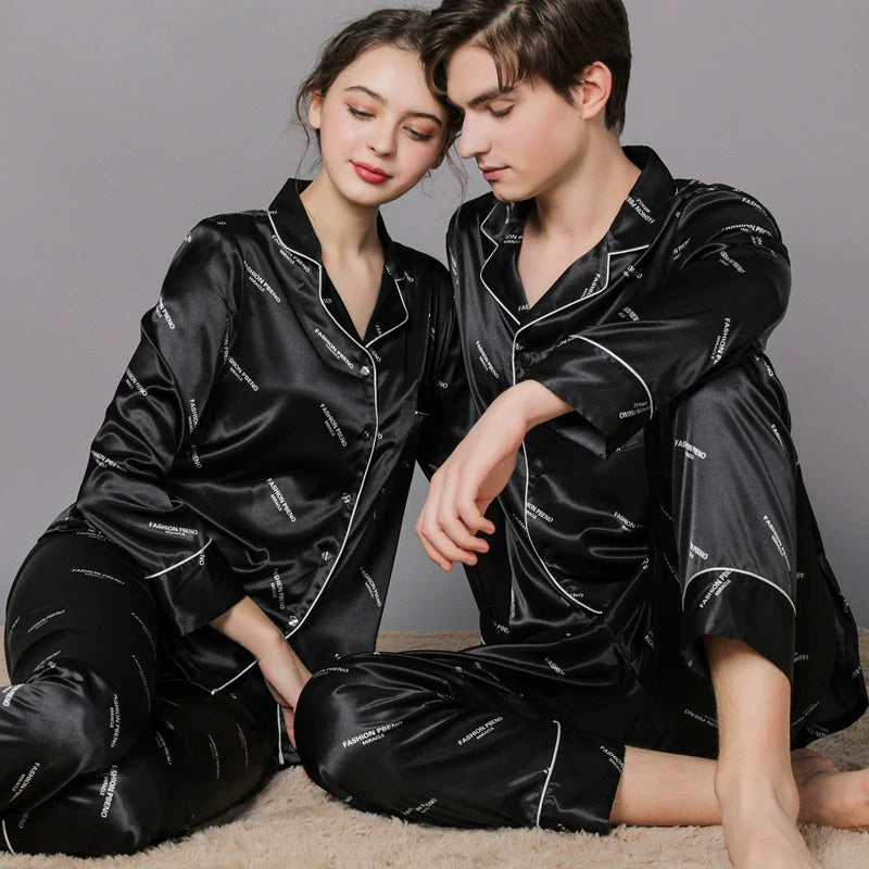 Elegant All-Over Text Print Satin Couple Pajamas