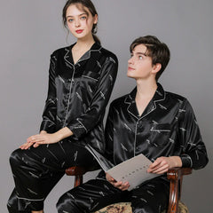 Elegant All-Over Text Print Satin Couple Pajamas