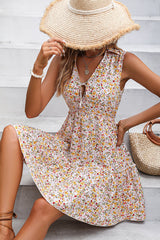 V Neck Floral Print Ruffle Hem Mini Dress