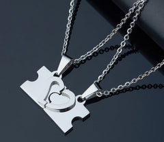 Name Engraved 2 Hearts Puzzle Pendants For Him and Her