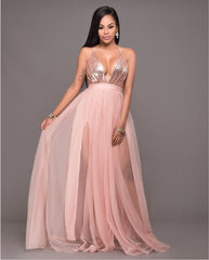 Mesh Stitching Sequin Suspender Halter Dress