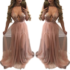 Mesh Stitching Sequin Suspender Halter Dress