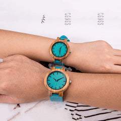 Matching Wooden Couple Watch Gift Set Blue Strap