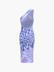 Violet Wavy Print One Shoulder Open Back Midi Dress