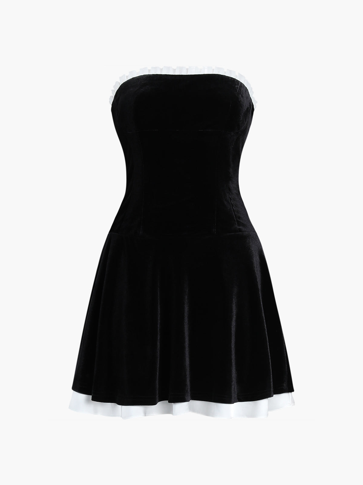 Velvet Ruffled Contrast Trim Pleated Tube Mini Dress