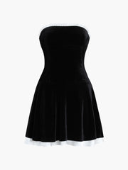 Velvet Ruffled Contrast Trim Pleated Tube Mini Dress