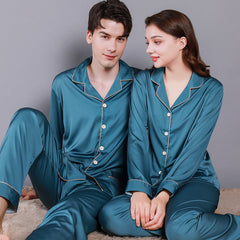 Elegant Solid Satin Long-Sleeve Couple Pajamas