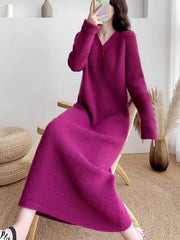 Women's Sweater Dress Solid V-neck Pullover Fashion Long Sleeve Knitted Elegant Dress