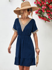 Summer Fashion Solid Polka Dot Lace Casual V Neck Elegant Party Mini Dress