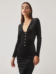 Velvet Corset Plunge Long Sleeve Midi Dress