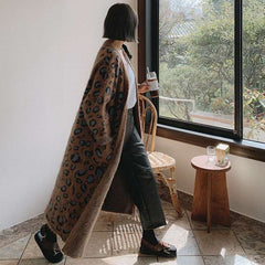 Leopard-print Sweater Knee-length Casual V Neck Full Cardigan Coat