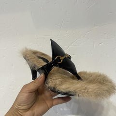 Women Golden Chain Decor Heeled Mules Open Toe Kitten Heel