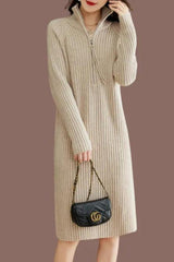 Solid Knitted Stand Collar Fashion Loose Thick Elegant Sweater Dress