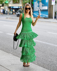 U-neck Sleeveless Backless Layered Tassel Midi Dress