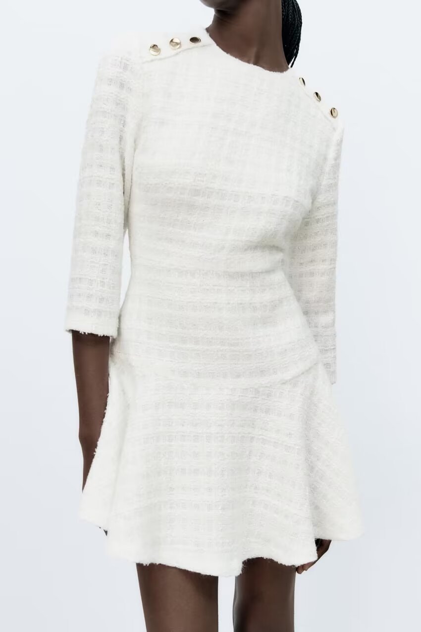 Women's Autumn Winter Crew Neck Slim Fit Buttoned Decorative Texture Short Dress