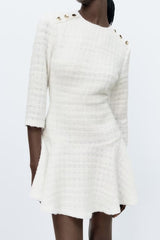 Women's Autumn Winter Crew Neck Slim Fit Buttoned Decorative Texture Short Dress