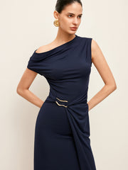 Asymmetrical Neck Metal Waist-Belt Dress