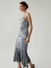 Velvet Ruffled Trim Cami Midi Dress