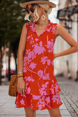 V Neck Floral Print Sleeveless Mini Dress