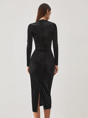 Velvet Corset Plunge Long Sleeve Midi Dress