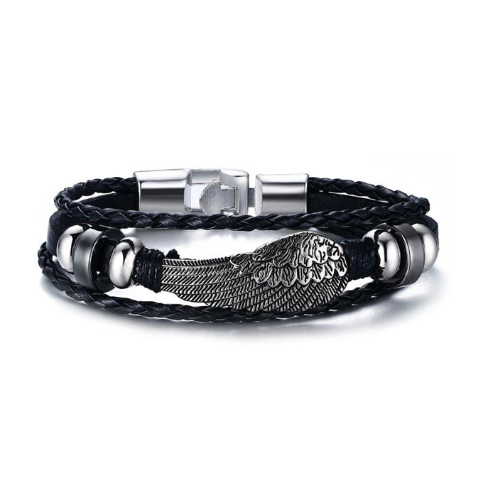 Engraved Angel Wing Mens Bracelet - Personalized Leather Gift