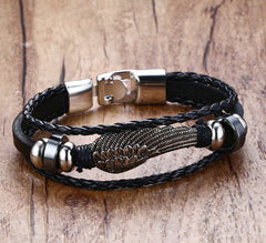 Engraved Angel Wing Mens Bracelet - Personalized Leather Gift