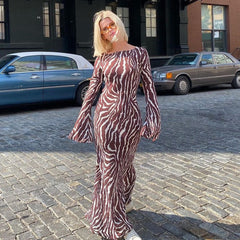 Zebra Print Long Mesh Dress Women Long Sleeve Loose Party Dresses Chiffon