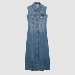 Blue Denim Sleeveless Long Dress