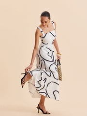 Abstract Line Print Square Strap Dress