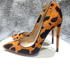 Orange Cow Print Hairy Flock High Heel Shoes 8cm 10cm 12cm